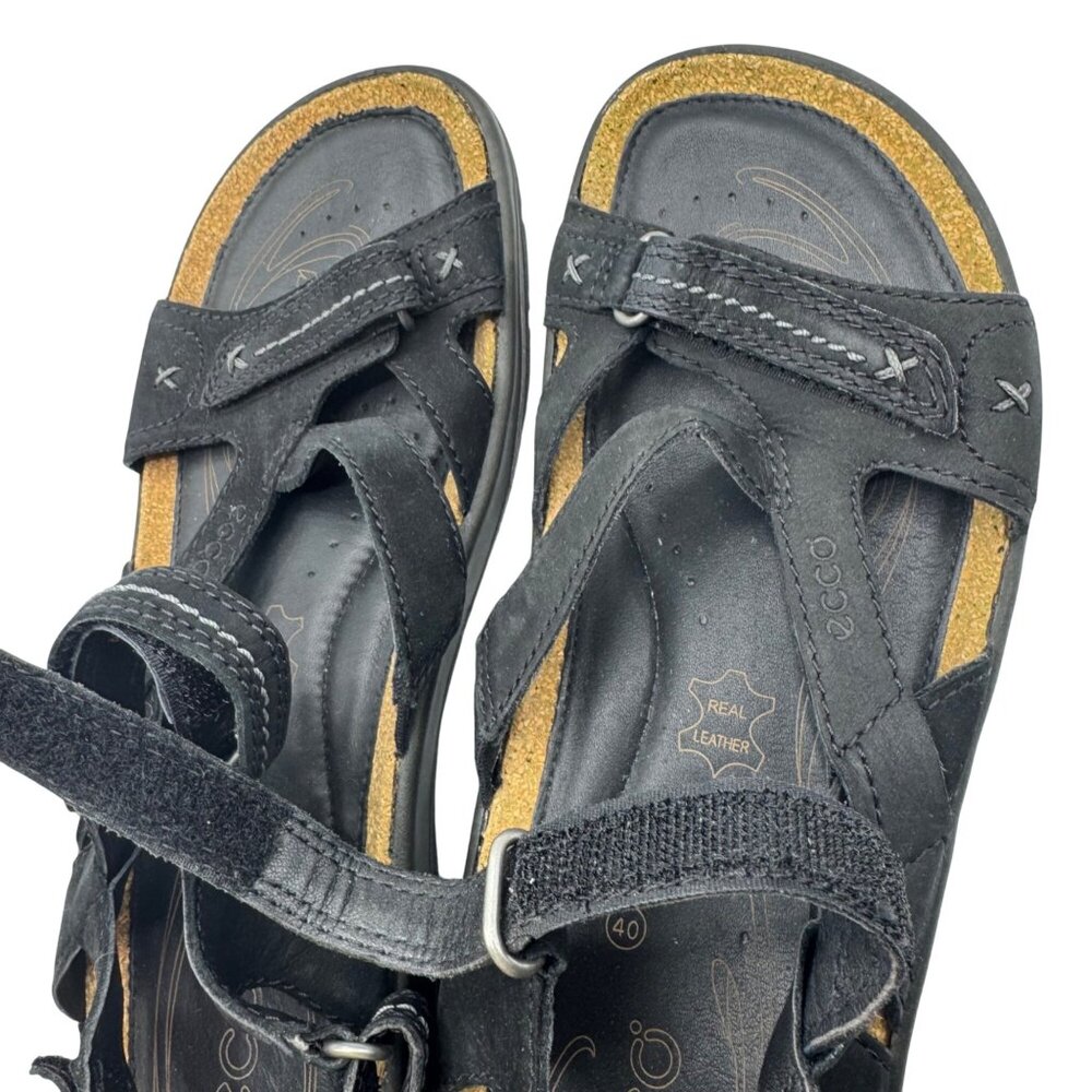 Ecco Black Leather Sandals Womens EU 40/US 9-9.5 Cork Hook Loop Outdoor Comfort - Picture 2 of 15